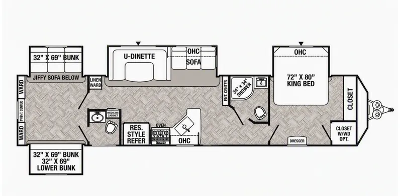 Example floor plan for the Large Family size, 2 bedroom, 1.5-2 bath, sleeps 8 to 10