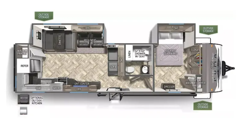 Example floor plan for the Couples size, 1 bedroom, 1 bath, sleeps 2 to 3