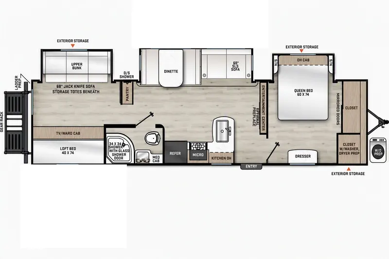 Example floor plan for the Family size, 2 bedroom, 1 bath, sleeps 4 to 6
